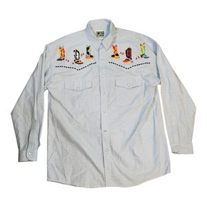 Vintage 90's Terrapin Clothing Co. Men's Bead Work Chambray Shirt L Cowboy Spurs